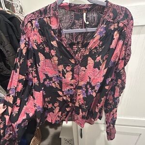 Free People Black and Pink Floral Blouse